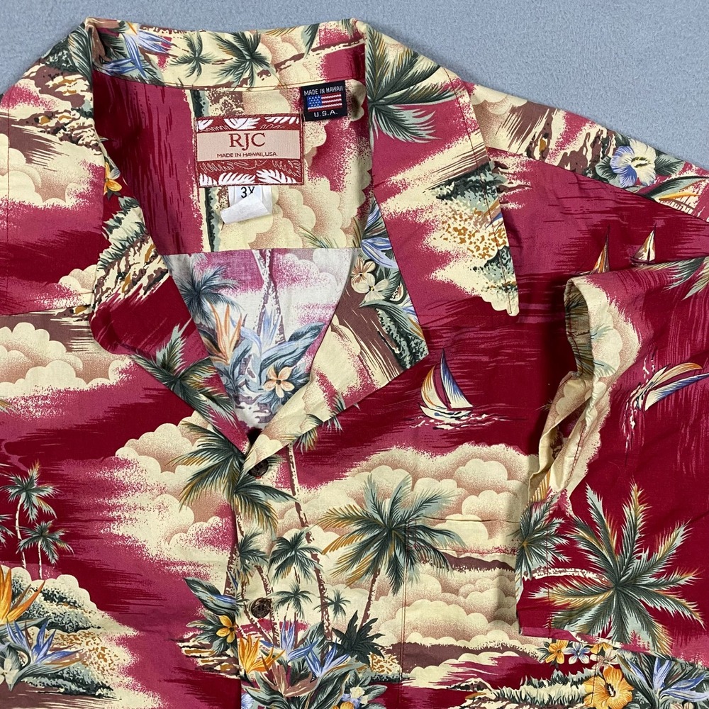 RJC Mens 3X Hawaiian Shirt Red Tropical Palm Tree Sailboat Cotton Made in Hawaii